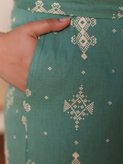 Jashvi Sage Green Geometric Printed Cotton Flex Jumpsuit With Zip Closure
